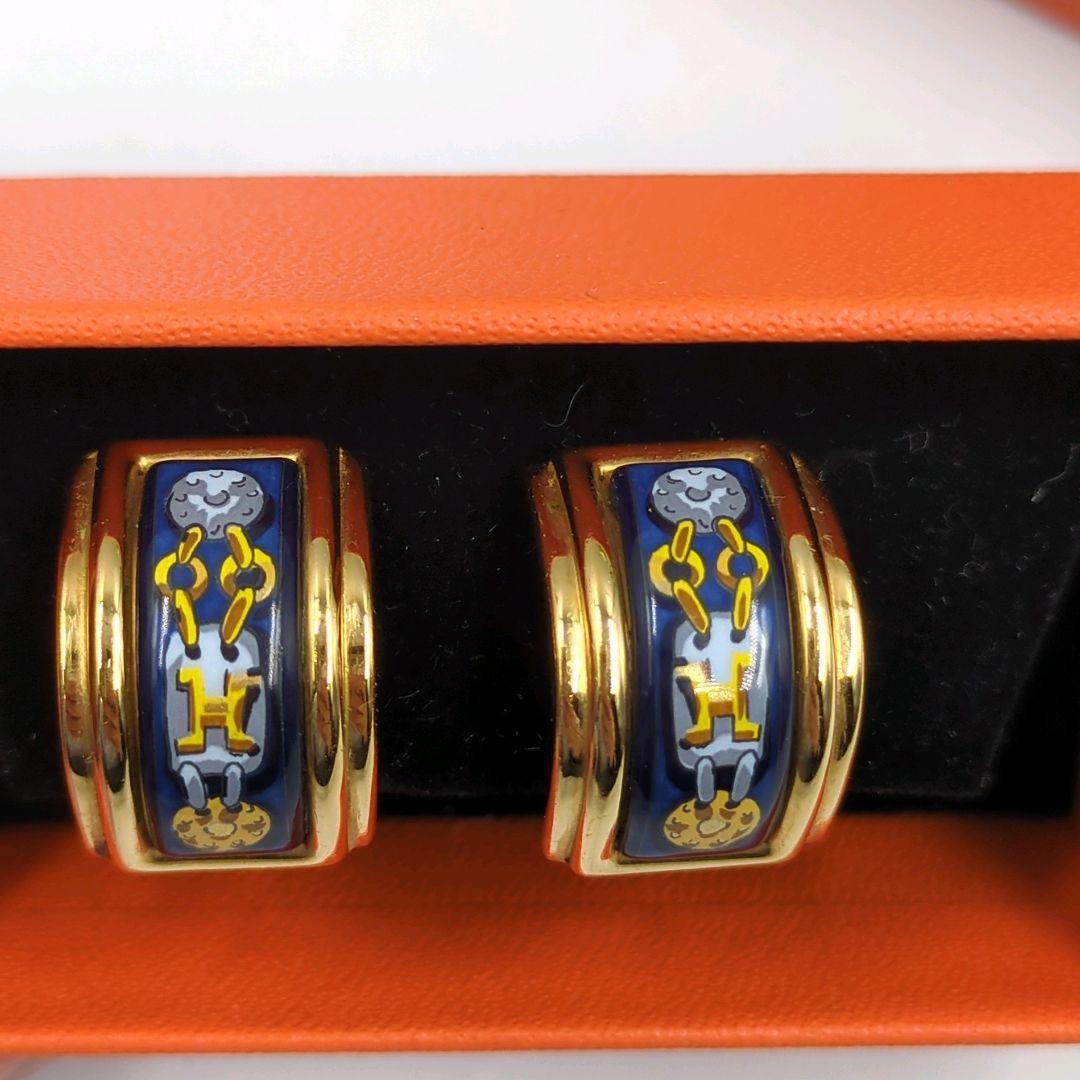HERMES H Logo Clip On Earrings Enamel Gold Navy Vintage France Box Included Used