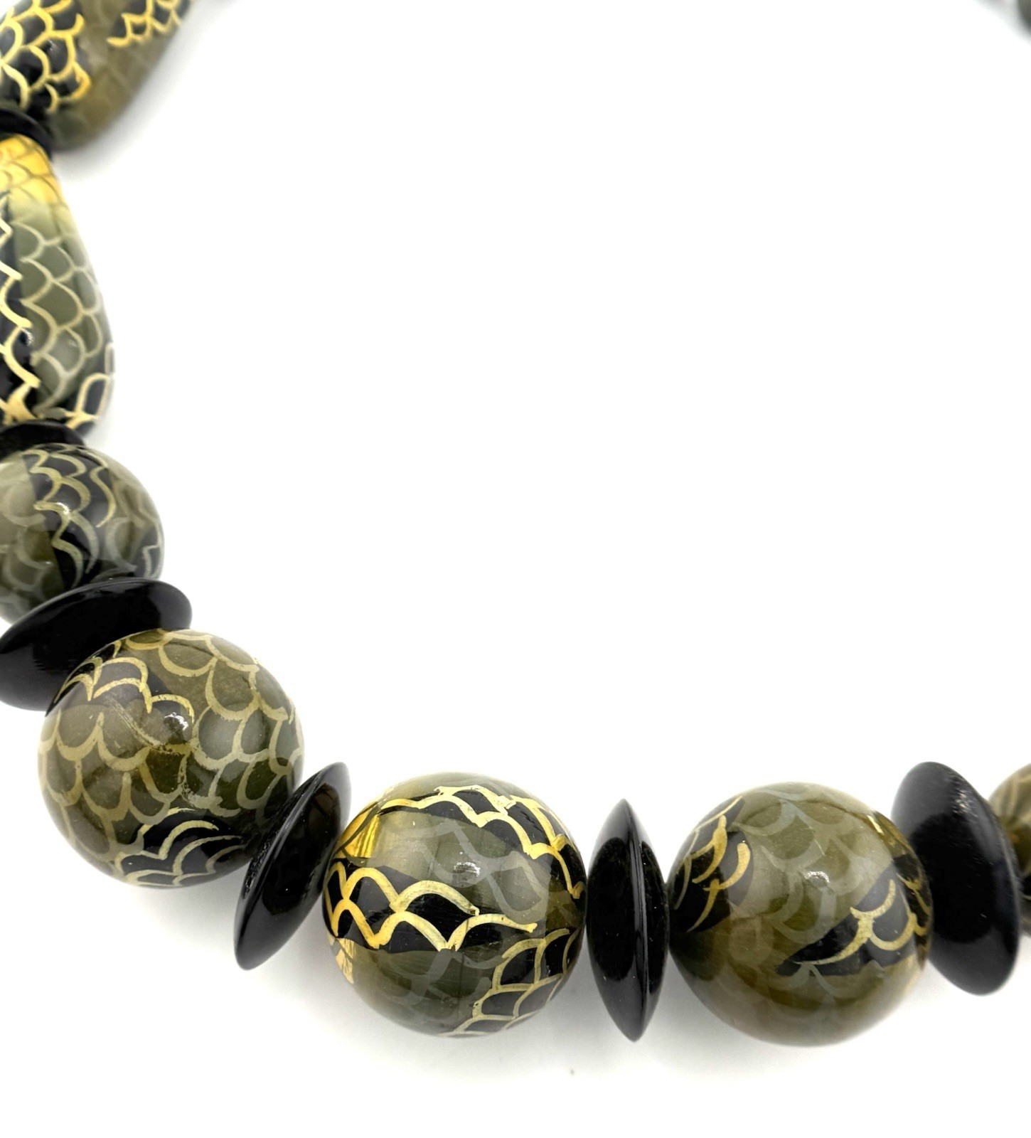 Vintage Olive Green Black Lucite Statement Necklace Gold Scale Beads 21”
