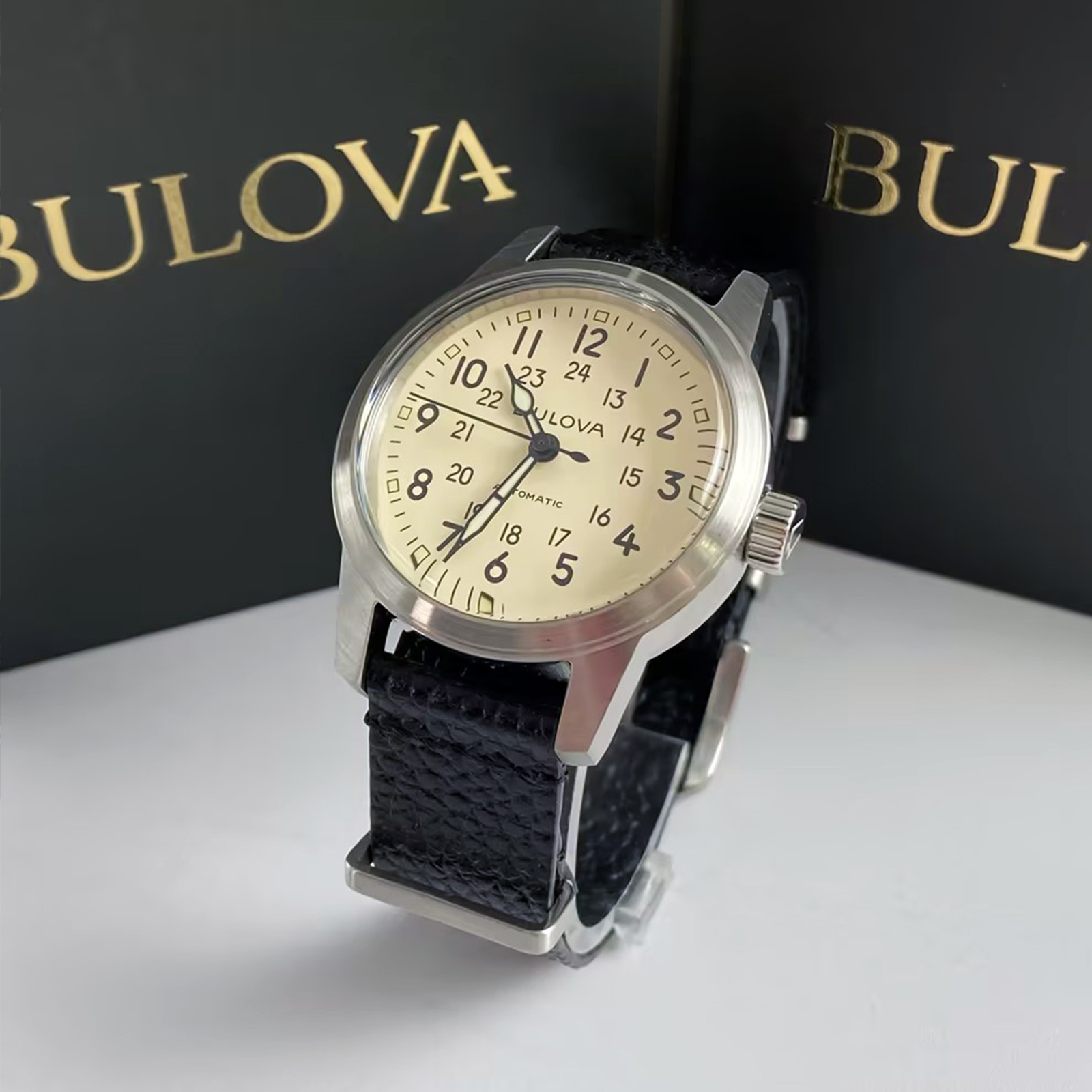 Bulova Special Edition 96A246 White Dial Black Leather Men Automatic Watch 38MM