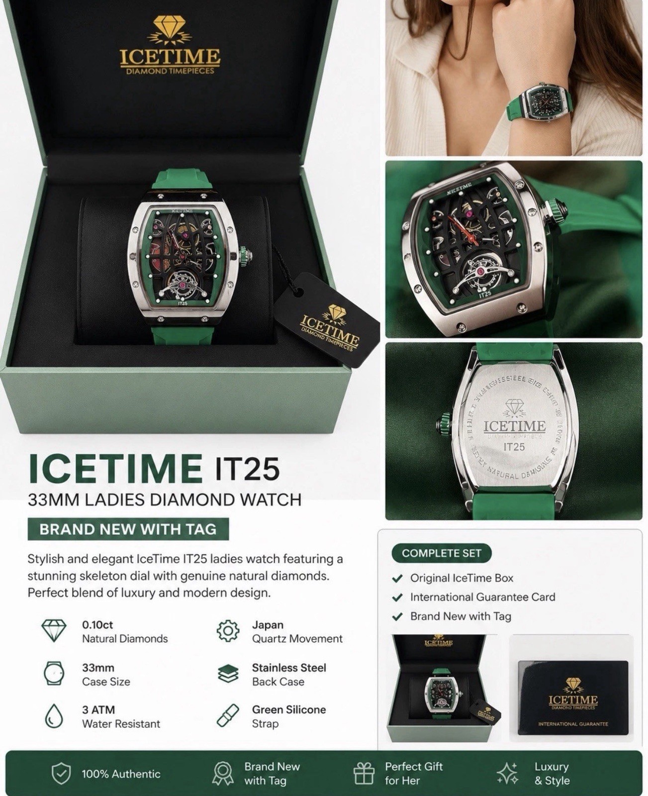 IceTime IT25 Women’s Quartz Skeleton Dial 33mm SS Case Green Silicone 30m