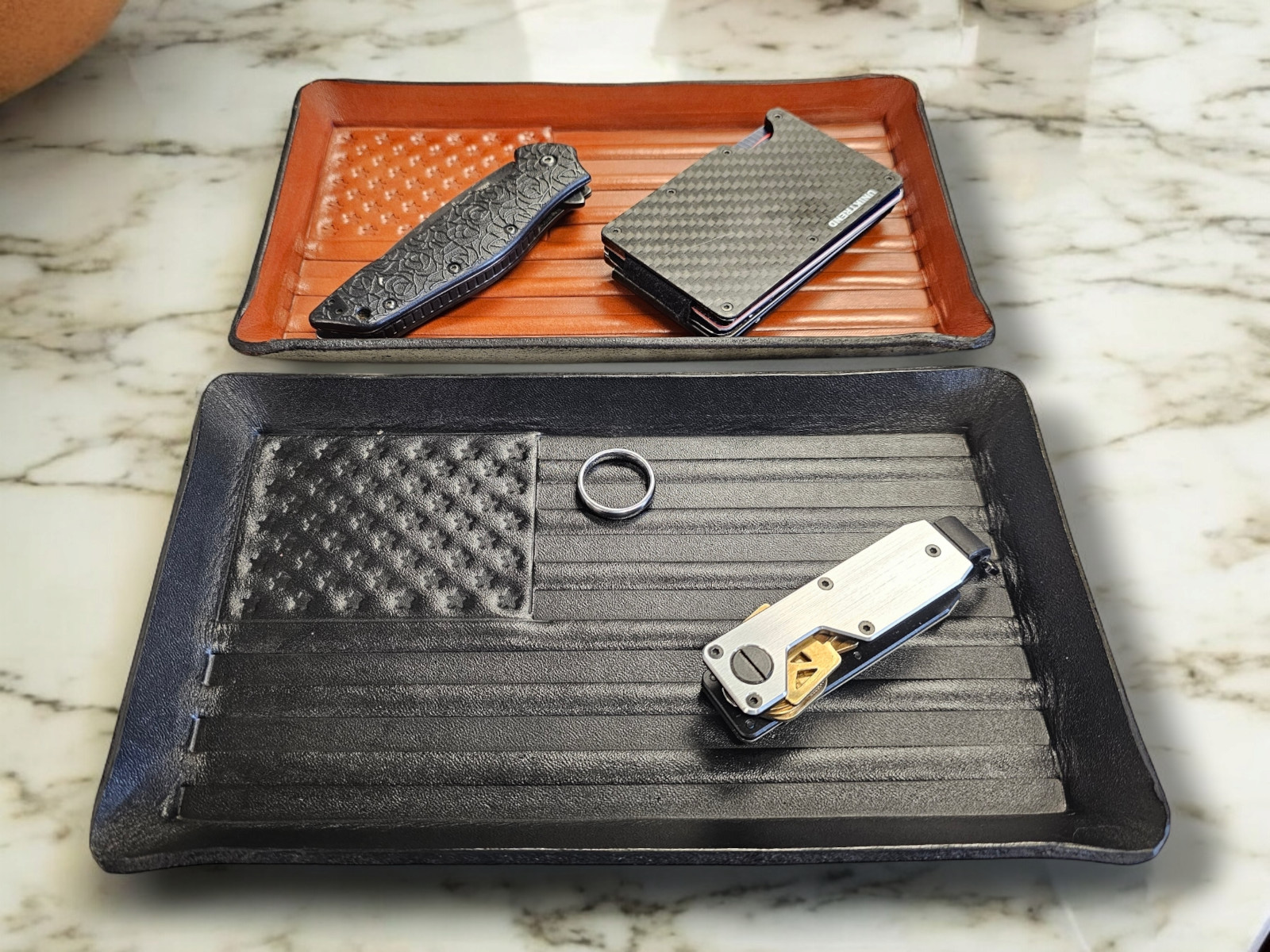 Leather valet tray. Formed leather, American flag , organizer, catchall tray