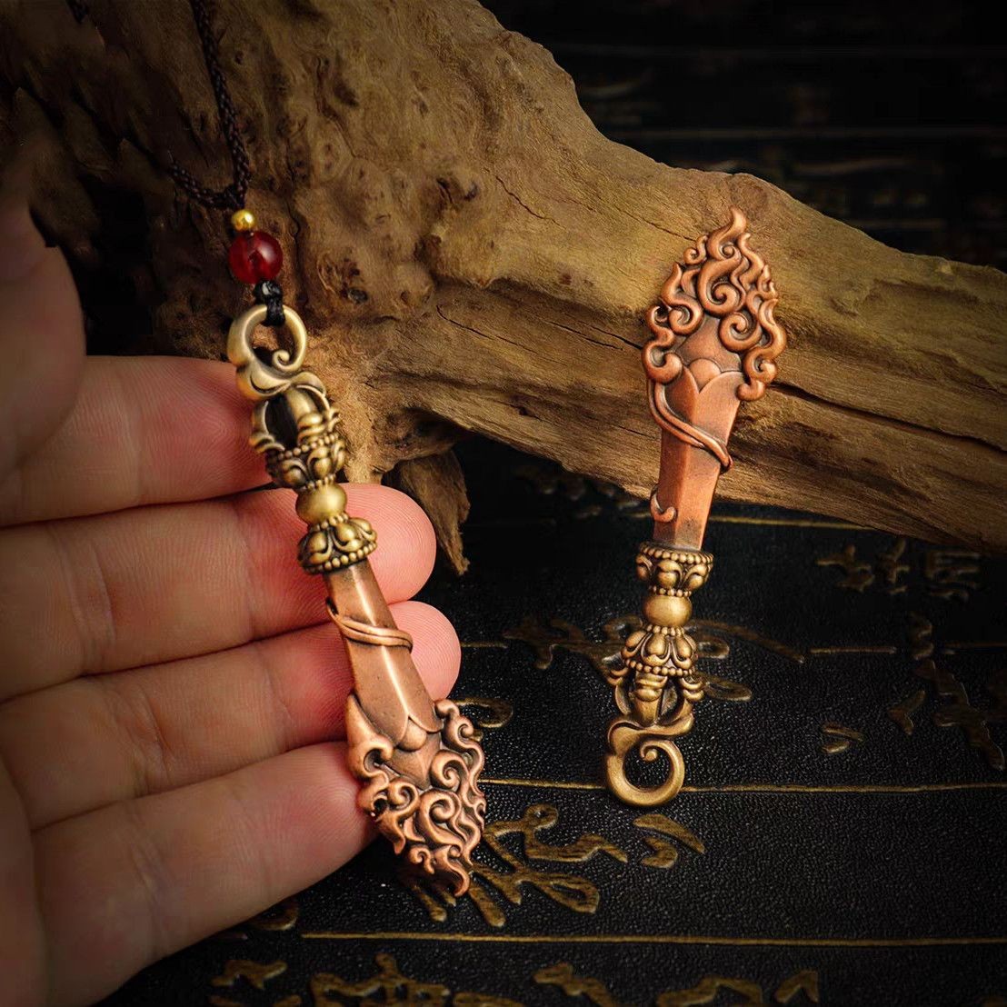 Tibetan Brass Manjushri Sword Pendant 2.76×0.63in 17g Unisex Amulet Necklace