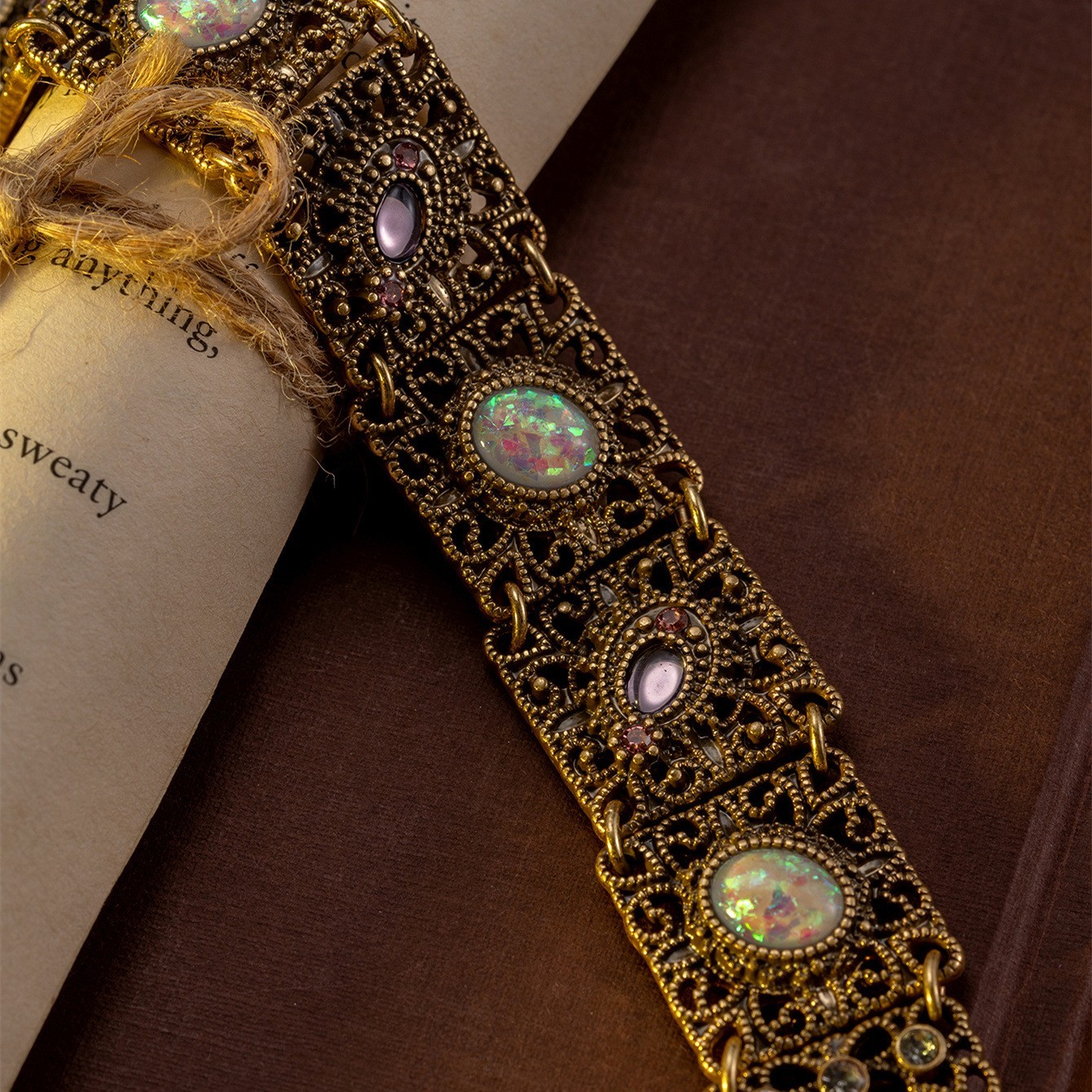 Vintage Gold Filigree Opal Bracelet Victorian Gothic Art Deco Antique Style 7.7