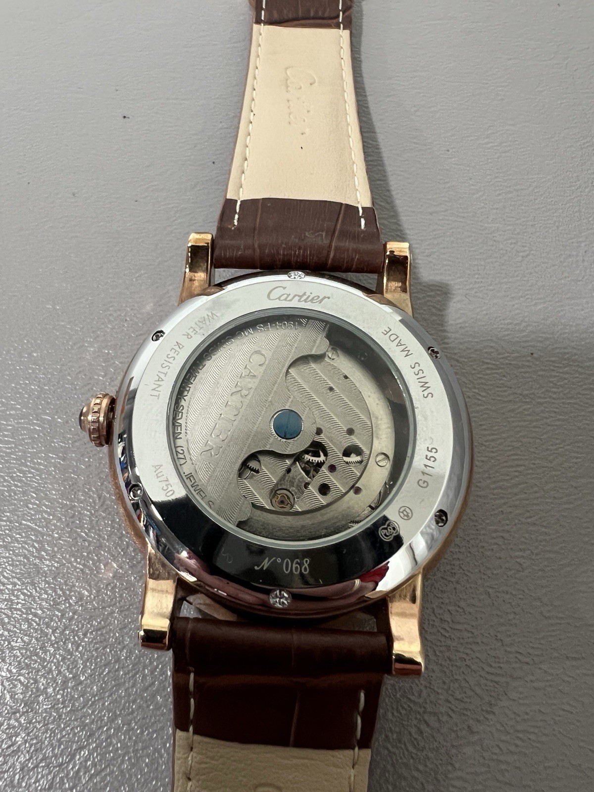 Cartier Mens Automatic Business Casual Watch Brown Leather Strap Rose Gold