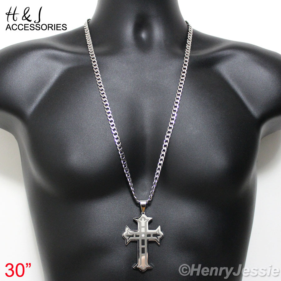 30″MEN’s Stainless Steel 6mm Silver Cuban Curb Link Chain CZ Cross Pendant*PL5