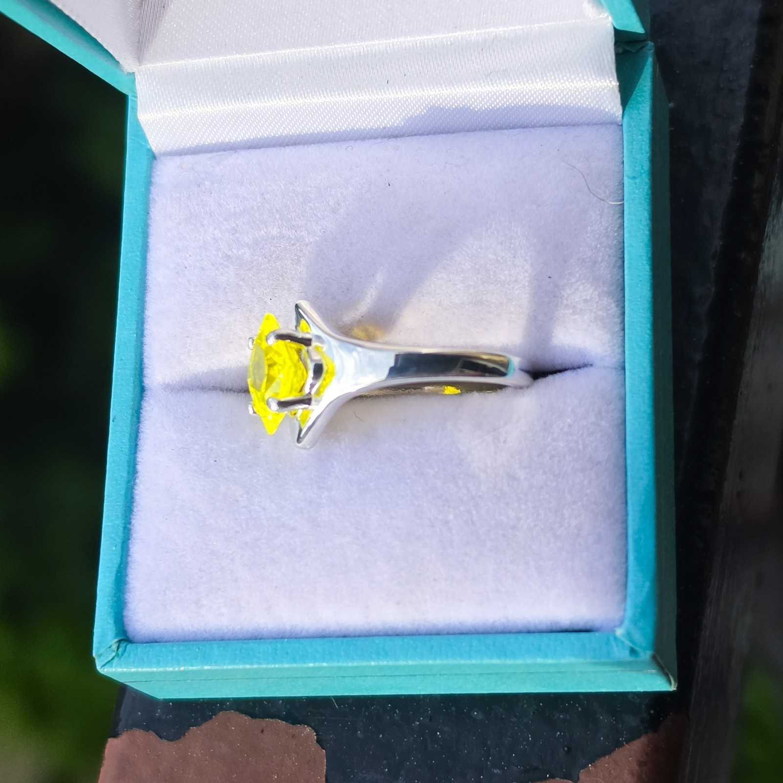 Sterling YAG Ring UV Yellow Yttrium Aluminum Garnet Square Princess Cut Shield