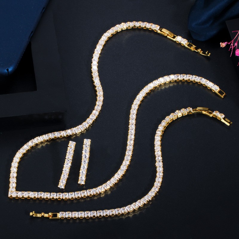 Square Zircon Gold Plated V Shape Tennis Necklace Bracelet Earrings Jewelry Set