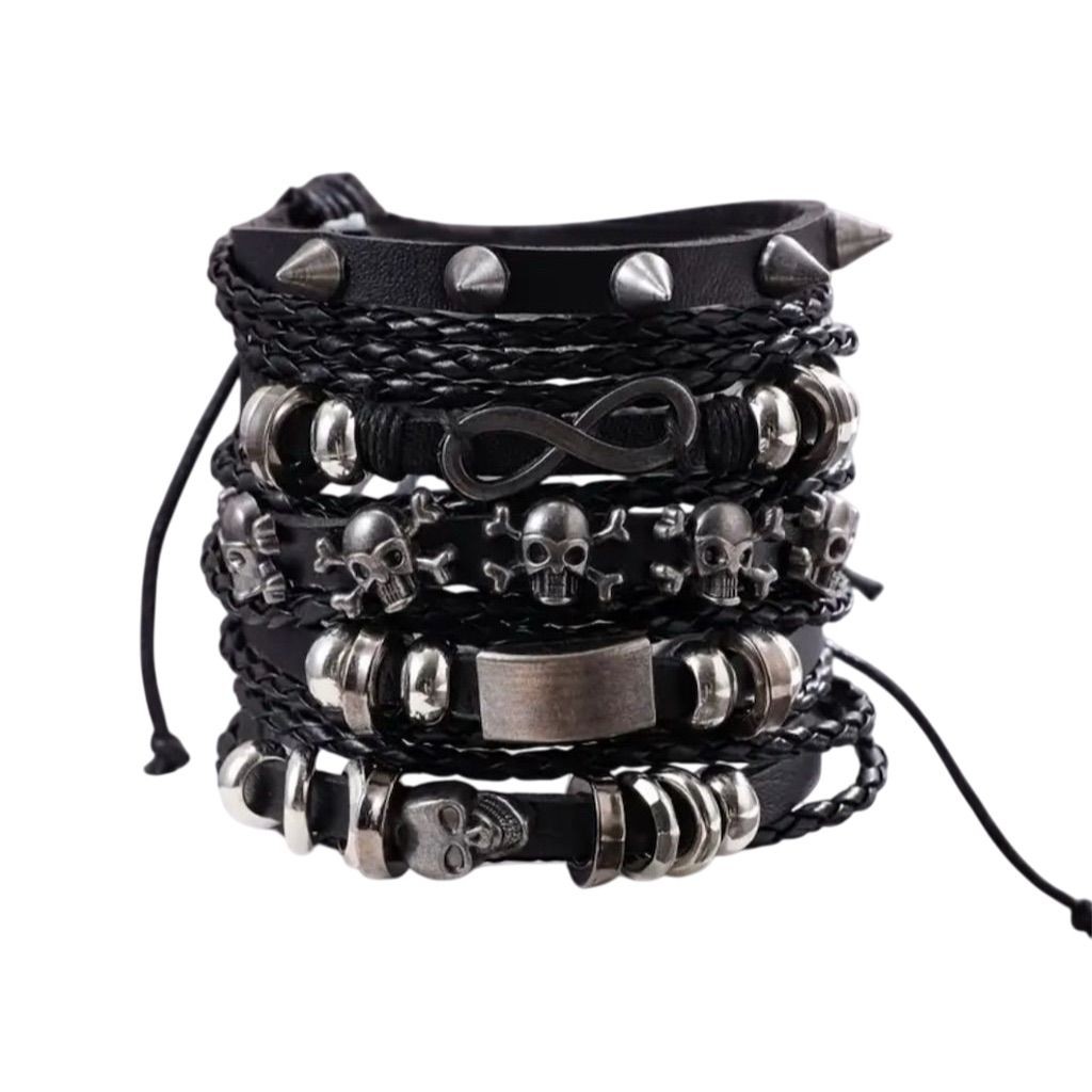 Men’s Gothic Punk Skull Bracelet Set Adjustable Black Skater Unisex Grunge