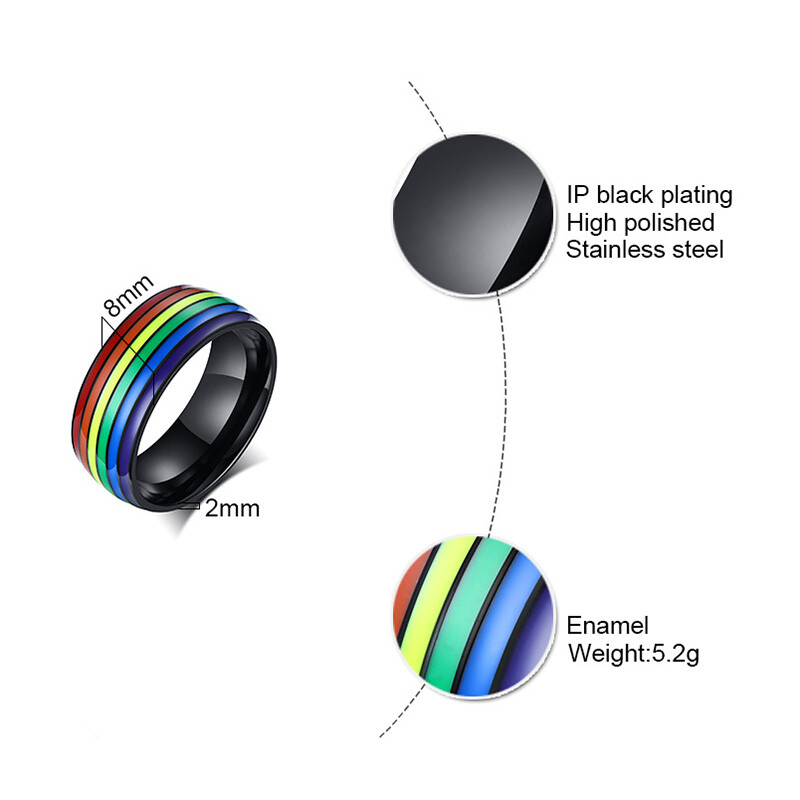 8mm Rainbow Color Love Gay Pride Lesbian Men’s Ring Stainless Steel Striped Band