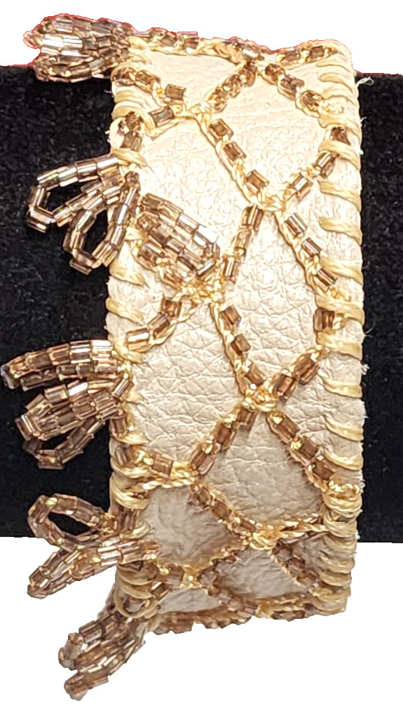 Handmade Cream White Genuine Leather Champagne Glass Beaded Cuff Bracelet Boho