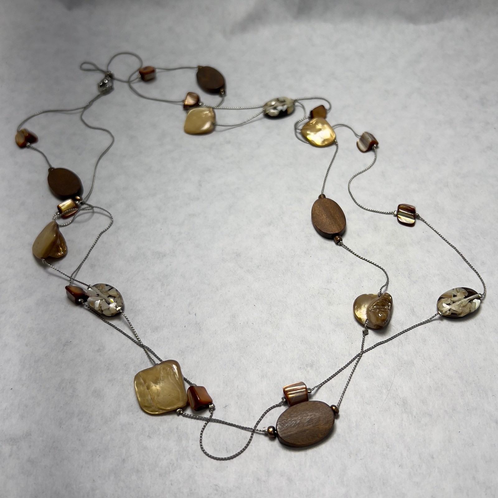 Elegant Mixed Media Beaded Necklace Silver Tone Long Layering Statement