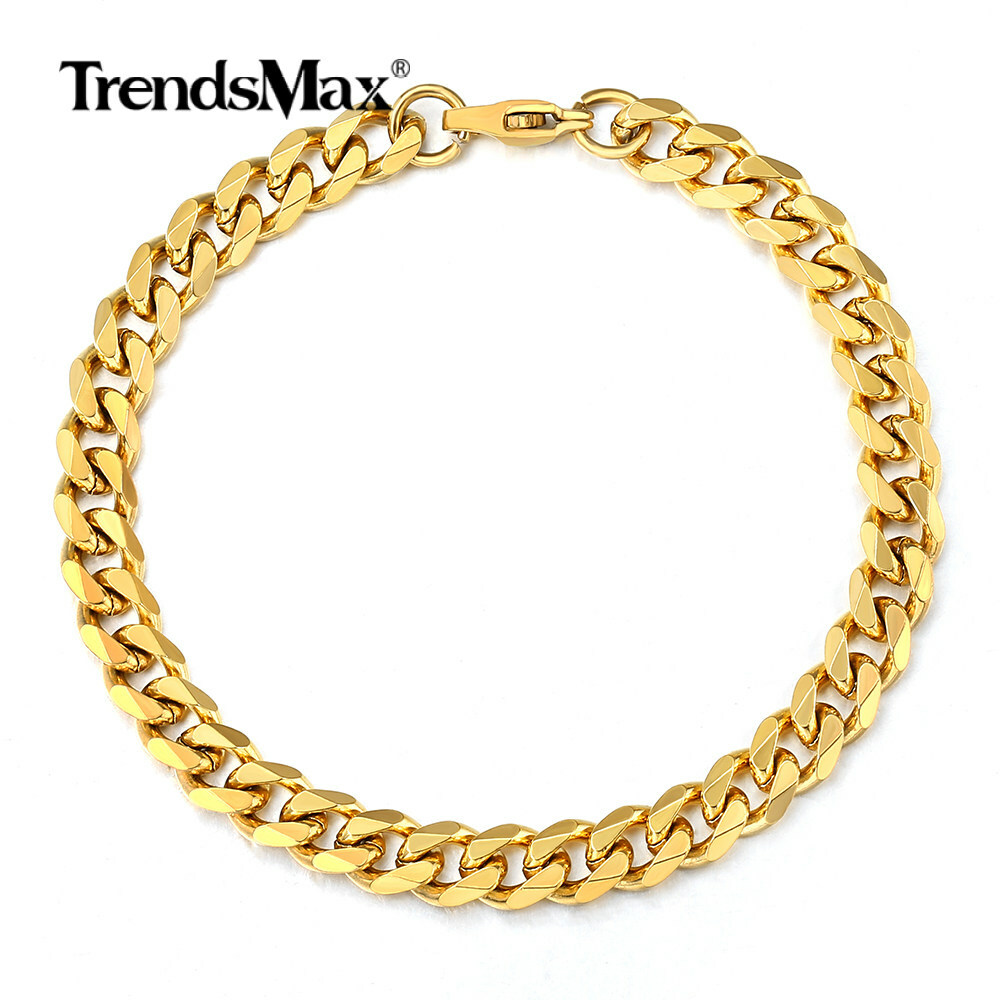 7mm Mens Boys Flat Curb Cuban Link Bracelet Chain Gold Plated Stainless Steel