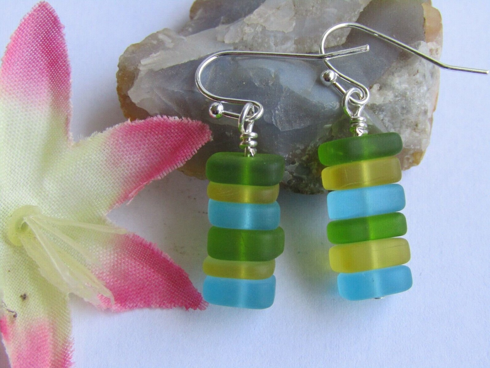 Stacked Green, Yellow, & Blue Sea Glass Pebble Earrings, Gift For Her, Ocean