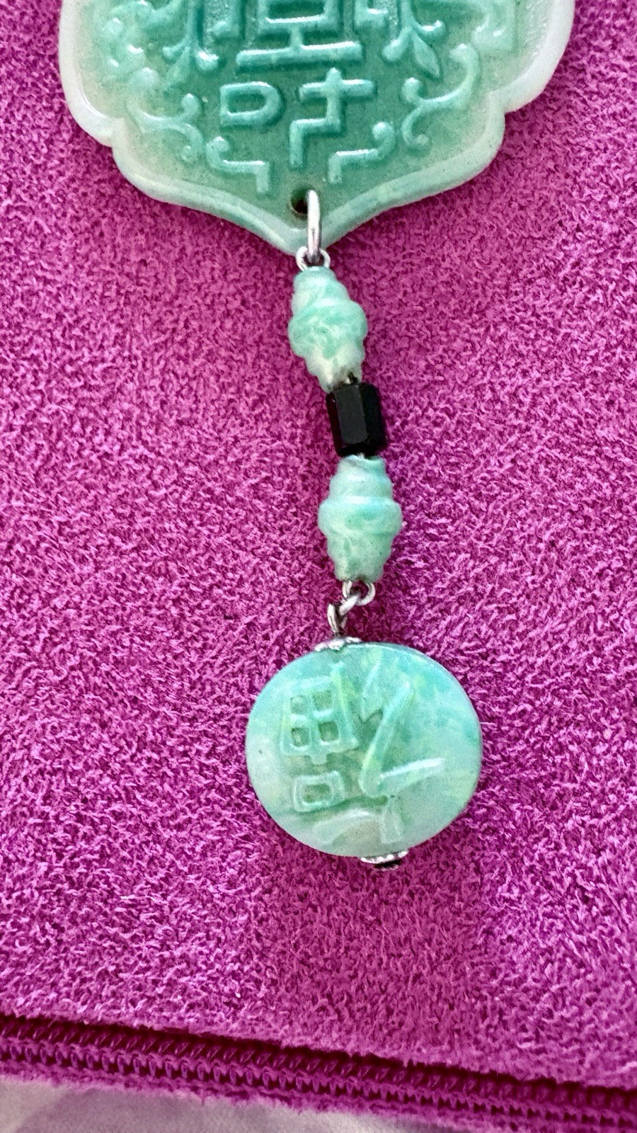 Chinese Style Faux Jade Plastic Pendant Necklace Green Good Fortune Dragon 22″