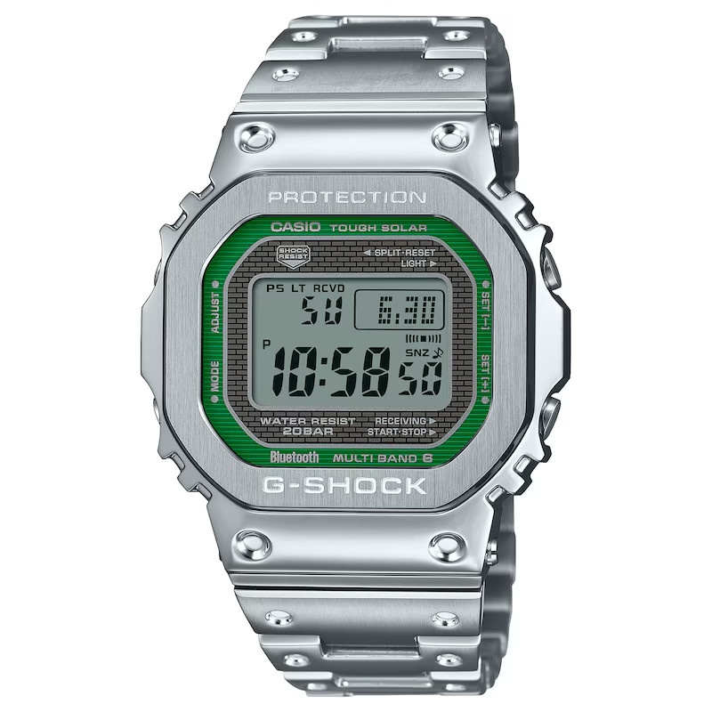 G-Shock Full Metal Silver & Green Outline Dial Watch,Stainless Steel GMWB5000D-3