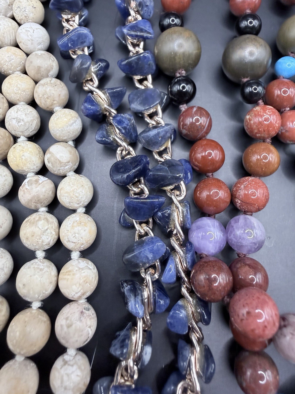 Vintage Lot 7 Stone Gemstone Necklaces Amber Amethyst Turquoise Sodalite Shell