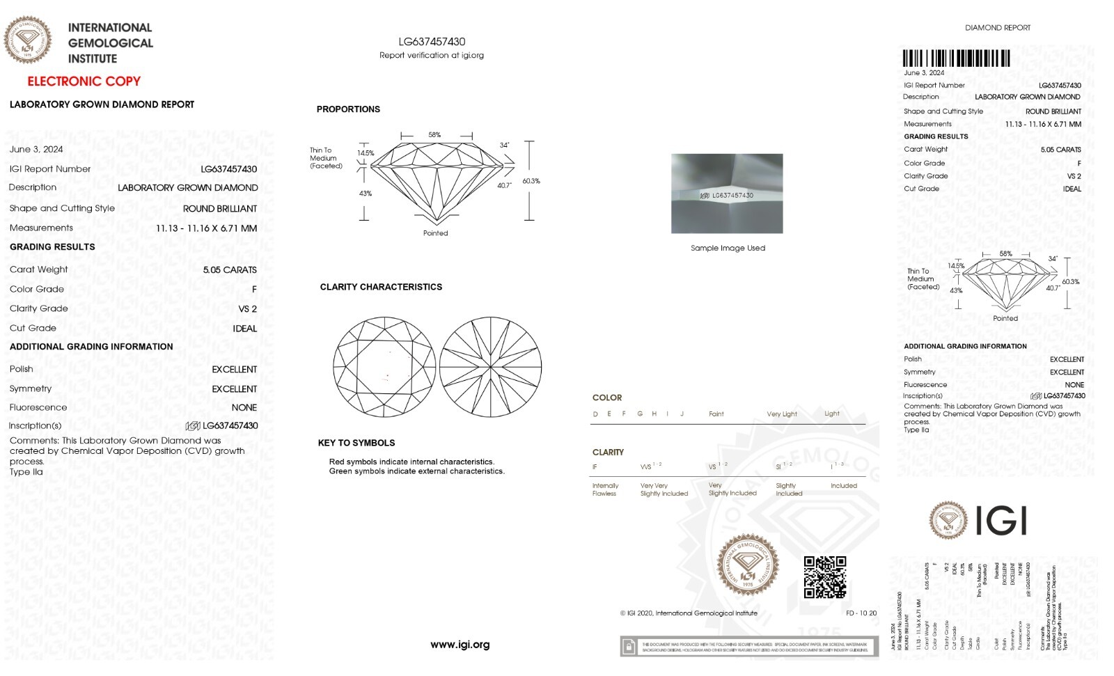 Lab Grown 5.05 Carat Round F Color VS2 Clarity STONE IGI Certified CVD DIAMOND