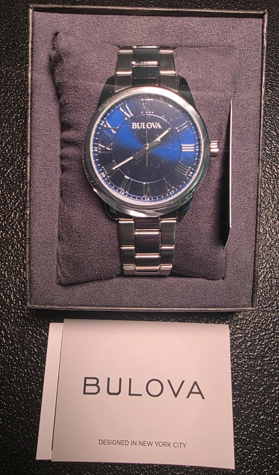 Bulova 96A228 Mens Silver Stainless Steel Blue Analog Dial Quartz Watch 45mm