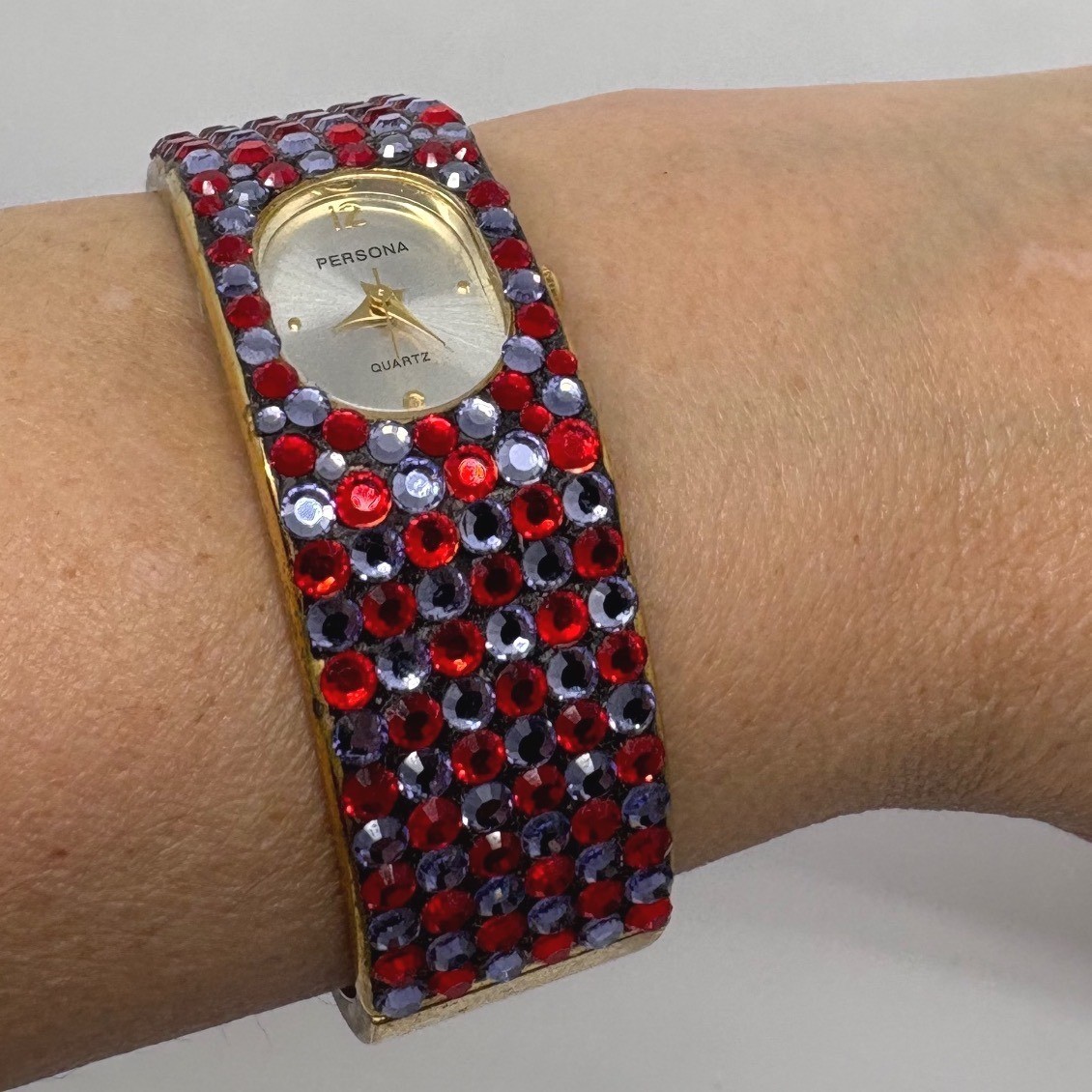 Persona Rhinestone Cuff Watch Gold Tone Red Purple Hinged Bangle Quartz Untested