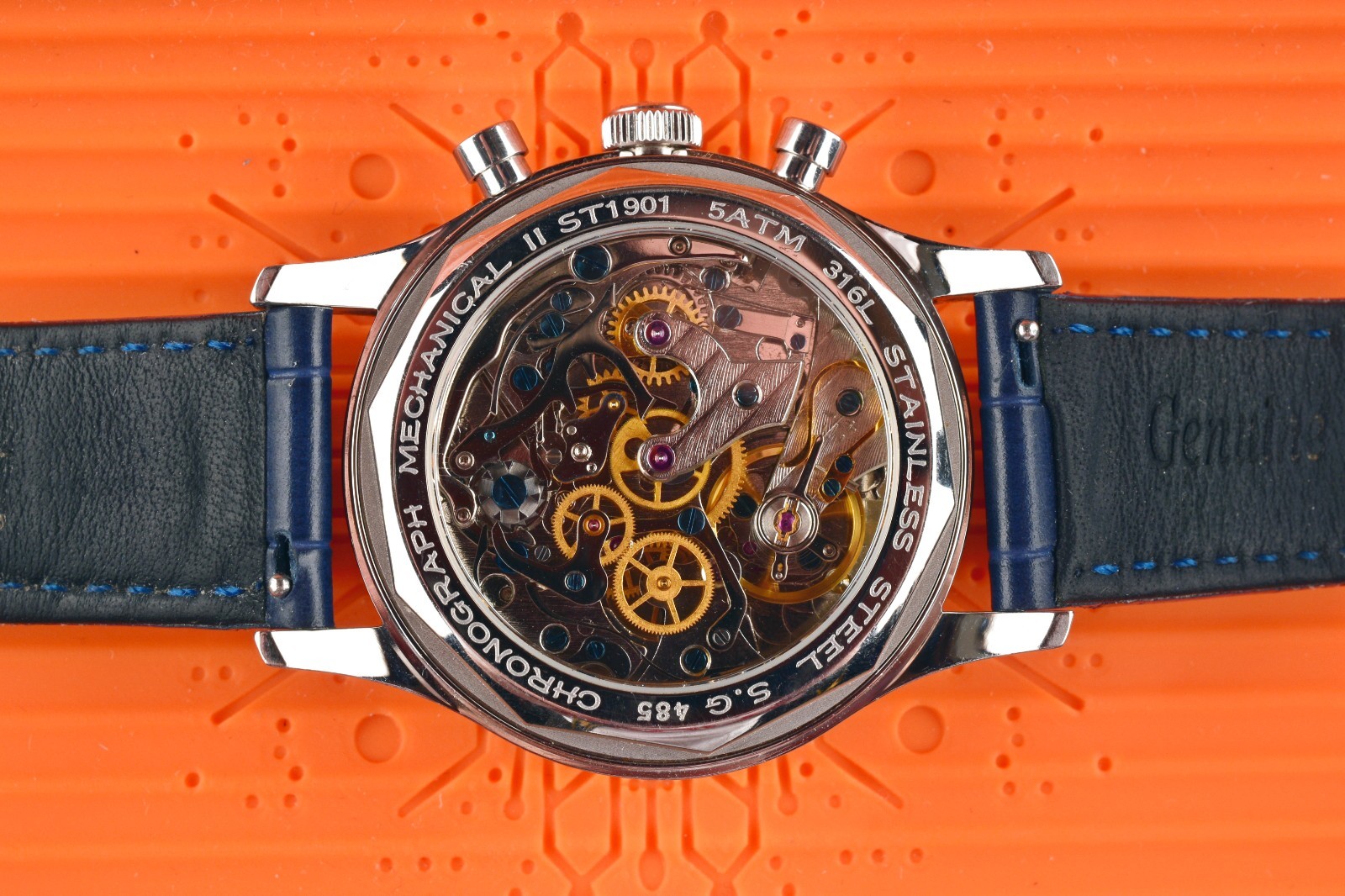 *Sugess Chronograph Mechanical II ST1901 Stainless Steel, Navy Leather Bracelet
