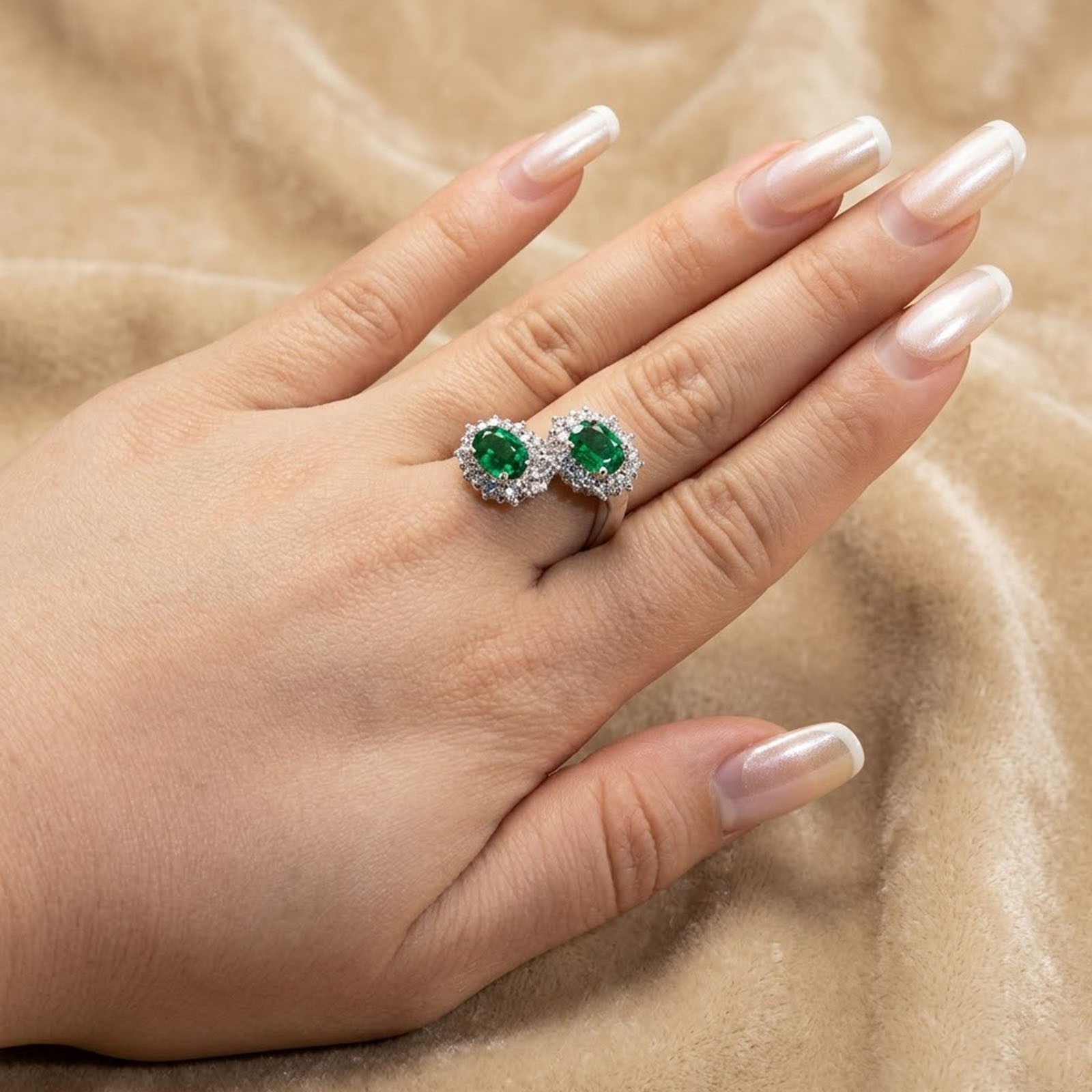 Duo Stone Vivid Green Emerald 1.60Ct 925 Sterling Silver Two Stone Floral Rings