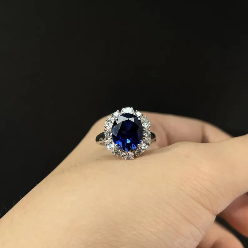 3.40 Ct Oval Natural Sapphire & Diamond Engagement Ring 14K White Gold Size 6