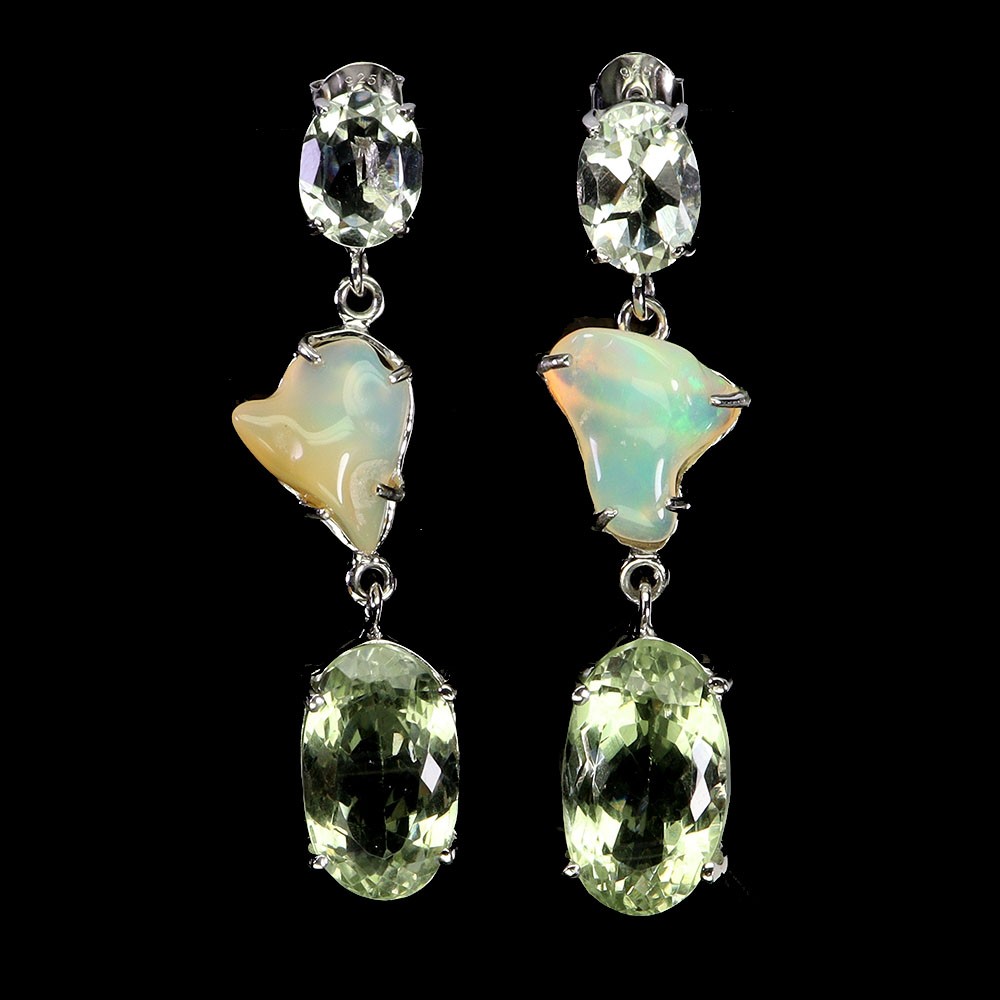 925 Sterling Silver Earrings Oval Green Amethyst 38ct Opal Handmade Gemstone