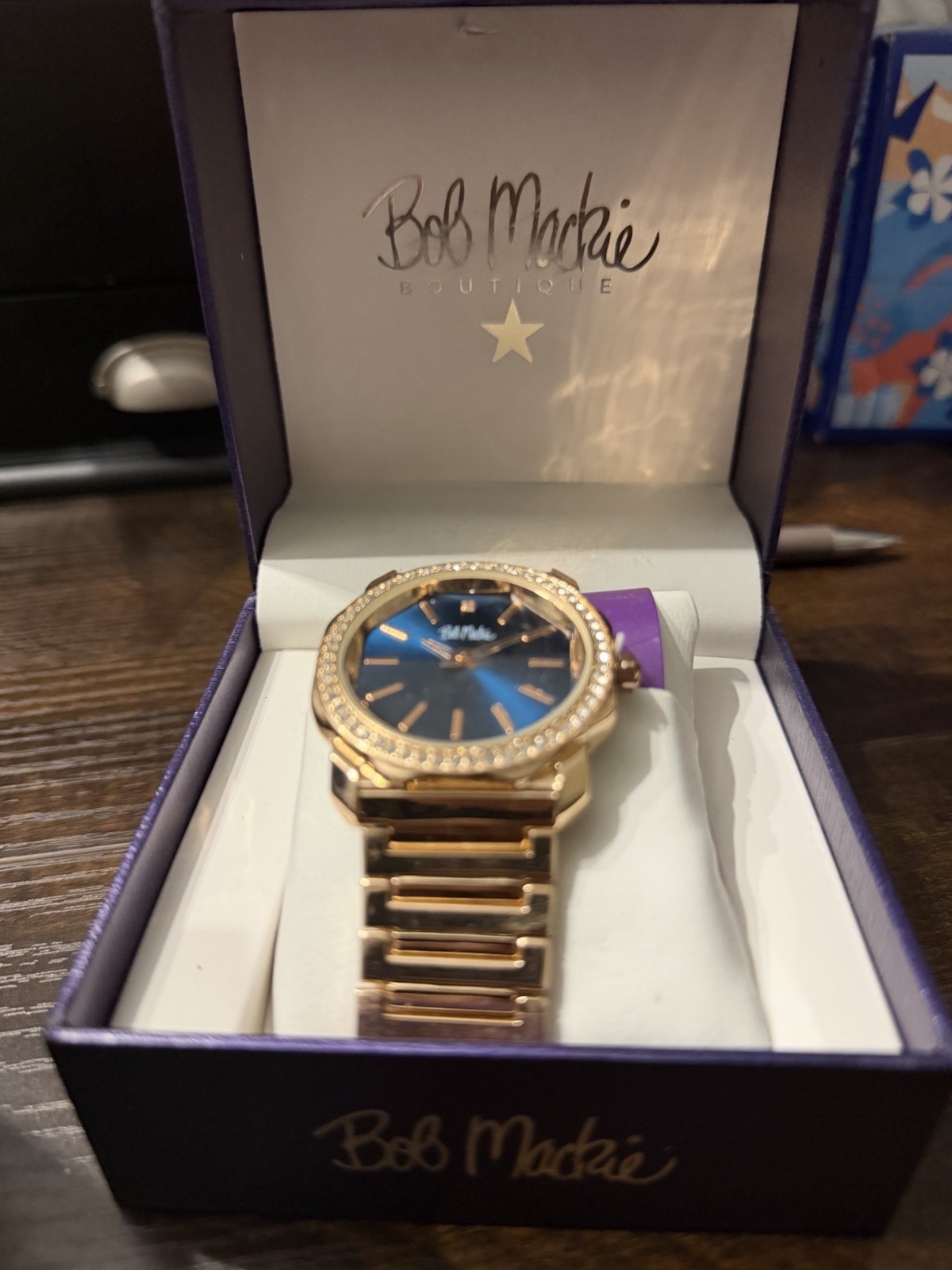 Bob Mackie Boutique Set of 2 Quartz Analog Gem-Set Watches Black/Blue w/Box