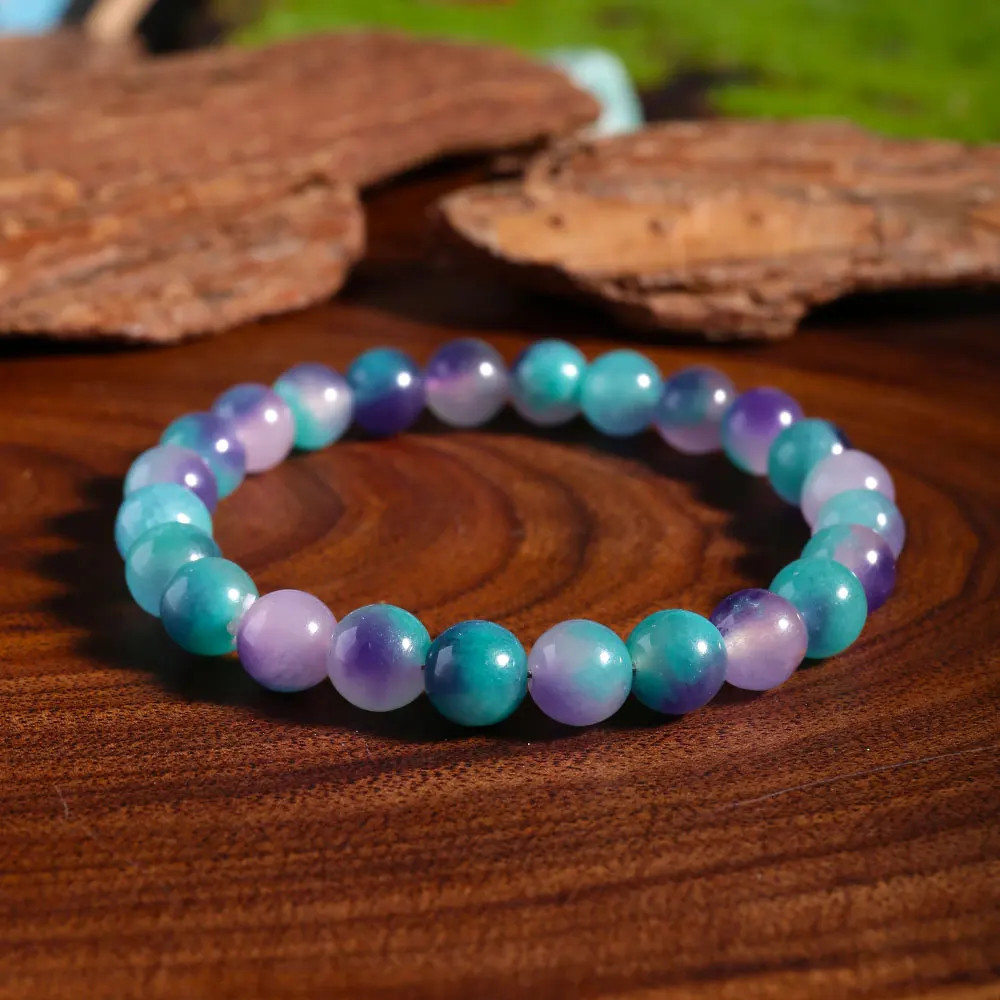 Blue Bohemian Fluorite Beaded Bracelet Elastic Adjustable Gift for Men Women