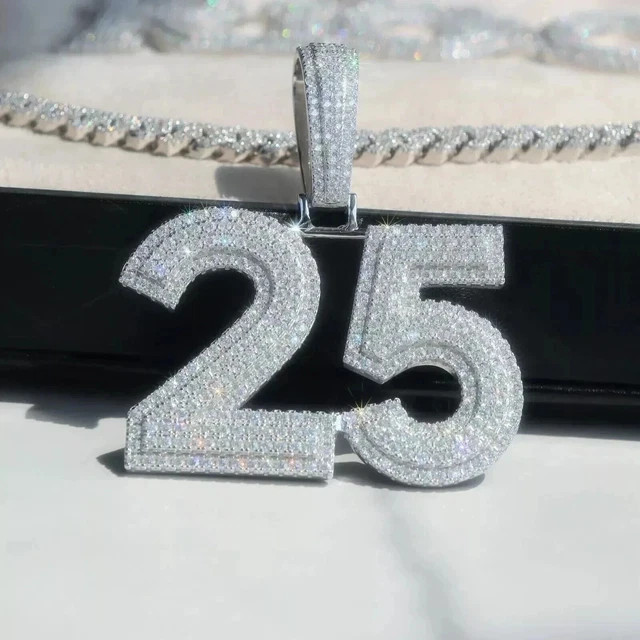 14k White Gold Plated 2.55Ct Moissanite Men’s Any Custom Lucky Number Pendant