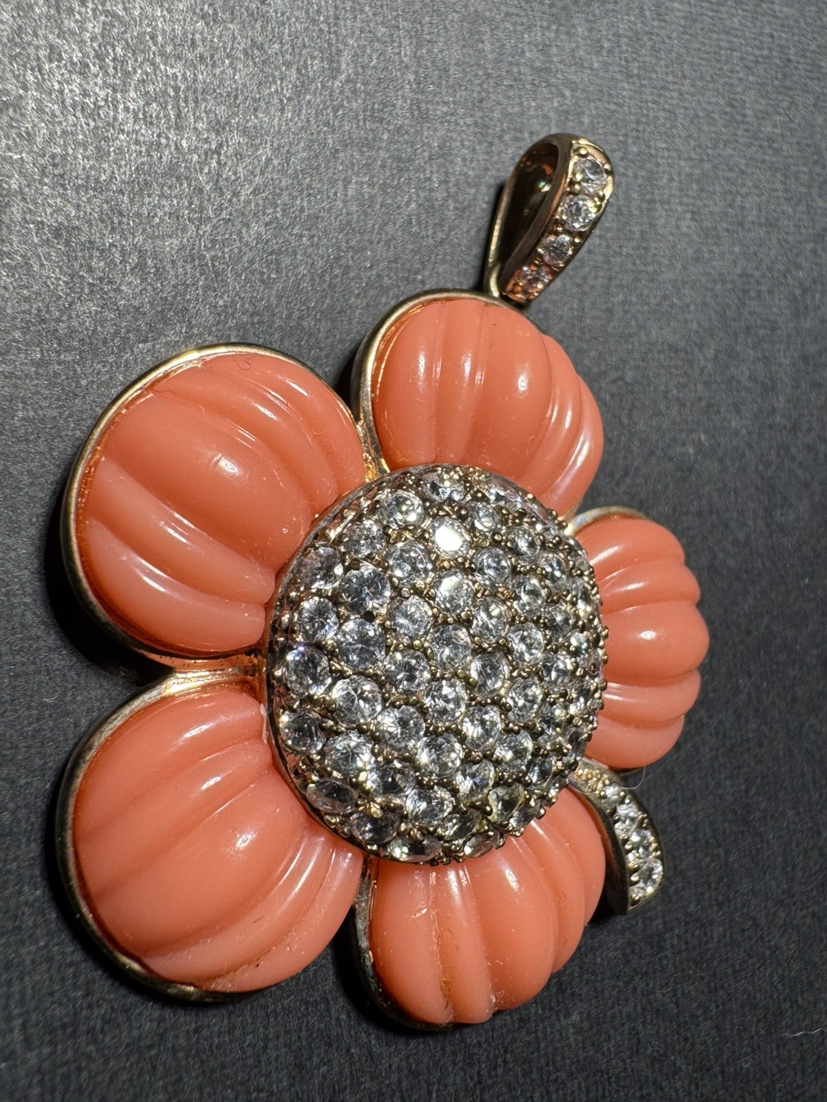 Vintage Ross Simons Sterling Silver Pink Resin Rhinestone 925 Flower Pendant