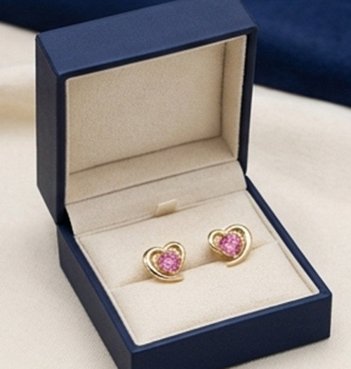 3ct Round Simulated Pink Ruby Cute HEART Stud Silver Earrings Yellow Gold Plated