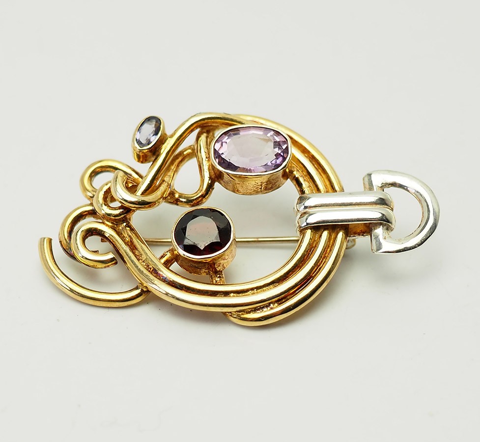 Vintage ornate gilt sterling silver amethyst garnet pin pendant by YES Studio