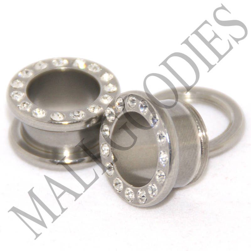 V008 Steel Screw-on/fit Clear CZ Flesh Tunnels Ear Plugs 10G ~ 1″ Gauges Silver