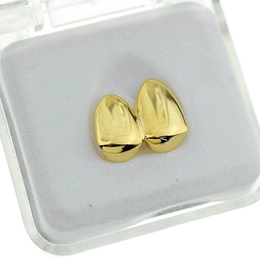 Double Cap 14k Gold Plated Grillz Canine Plain Two Teeth Right Single Caps Grill