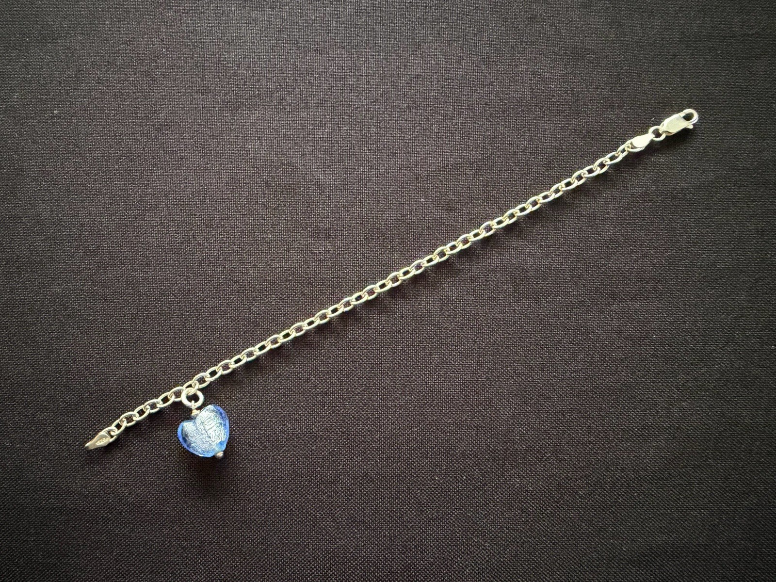 Charm Bracelet Sterling Silver 925 Blue Glass Heart Belcher Chain 19cm 6.8g