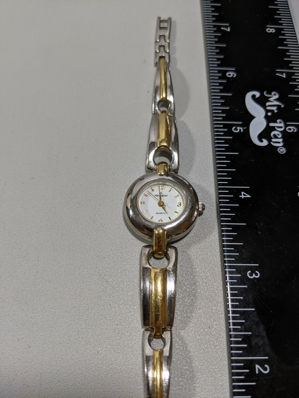 Peugeot White Dial Silver Tone Round Case 24 mm Tow Tone Bracelet Band Watch