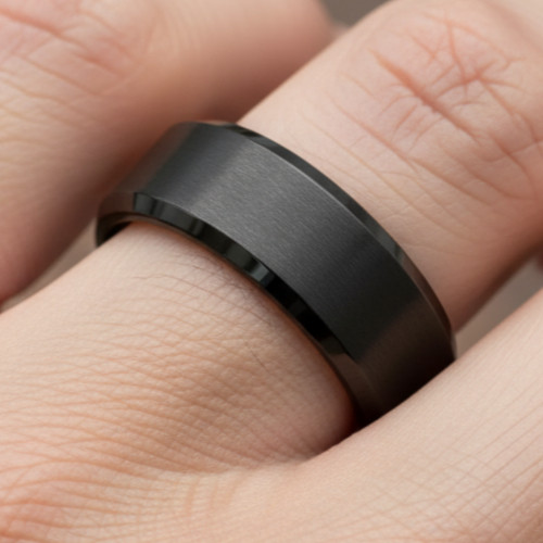 8mm Zirconium Promise Ring – Gunmetal Brushed Center with Beveled Edges