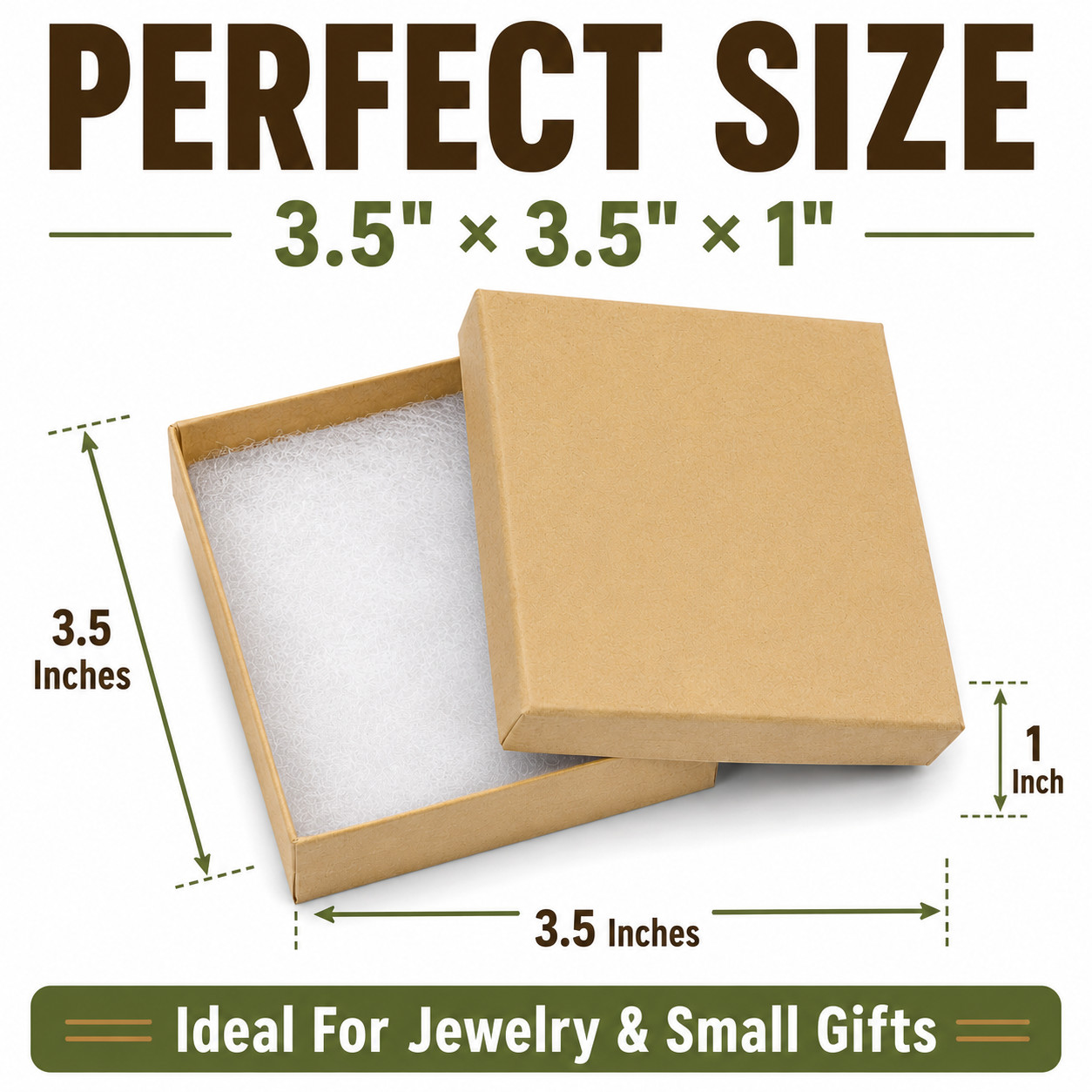100 Natural Kraft Jewelry Gift Boxes Cotton Filled 3.5″ x 3.5″ x 1″
