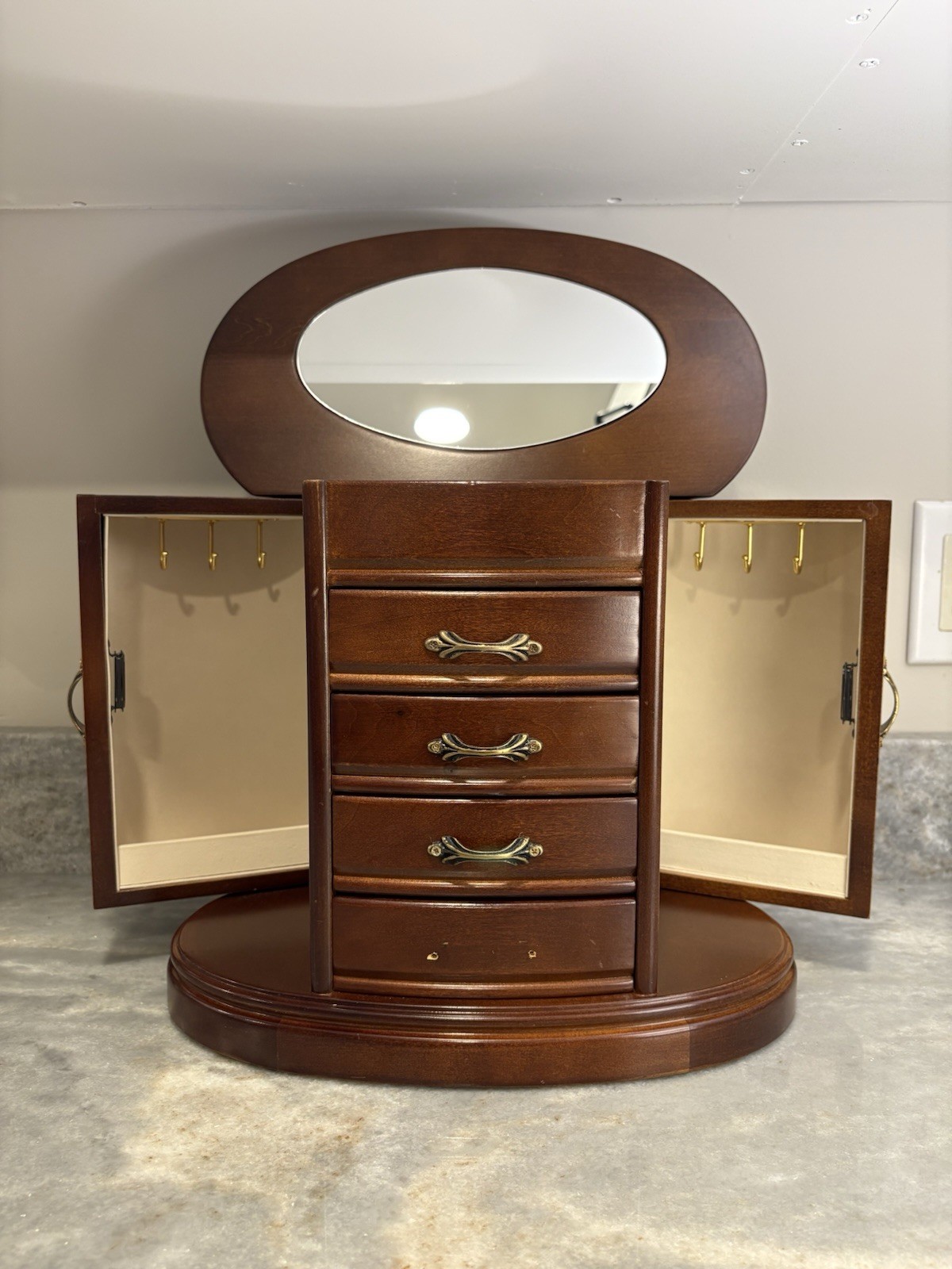 Mele and Co Heloise Oval Wooden Jewelry Box Armoire Walnut Finish Lined Mirror
