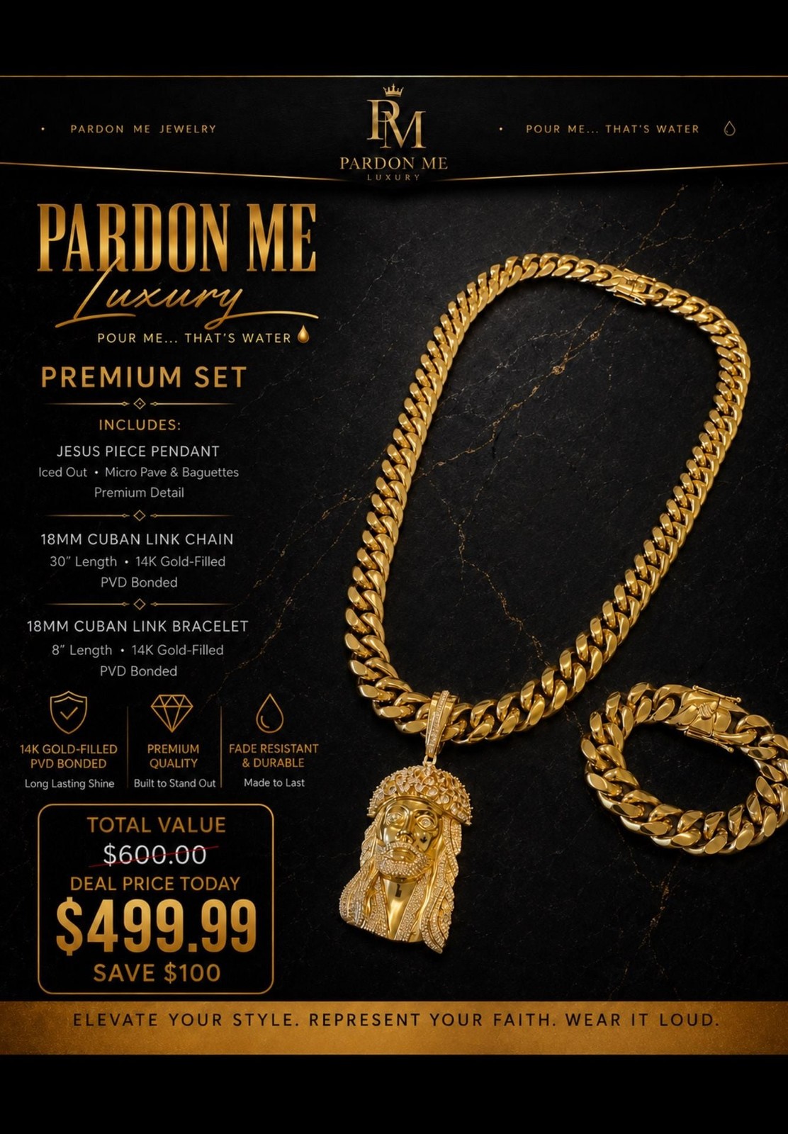 Pardon Me Luxury Premium Jesus Piece Pendant with 18mm Cuban Link Chain and Brac