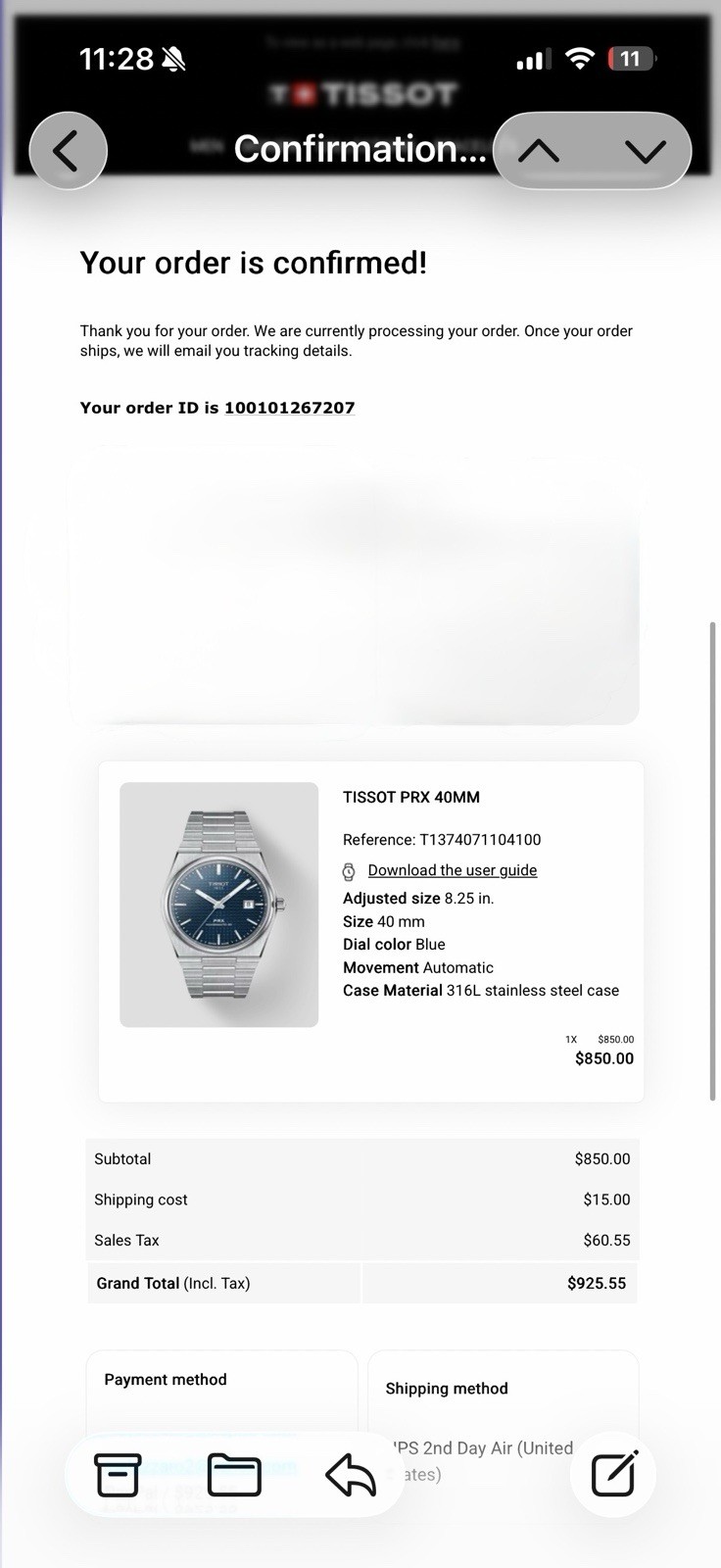 Tissot PRX Powermatic 80 Blue Dial Watch 40mm Full Set And Purchase Receipt