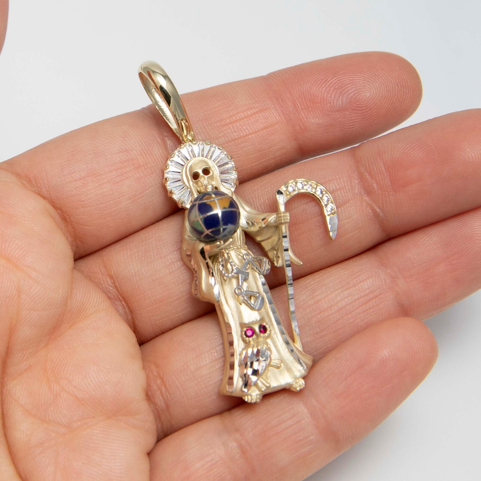 2 1/4″ Halo Santa Muerte Angel of Death Pendant Solid Real 10K Yellow White Gol