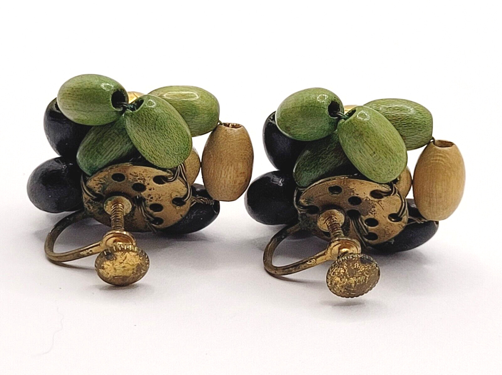 Hand Beaded Wood Bead Olive Black Tan Oval Cluster MCM 1950s Screw Back Earrings