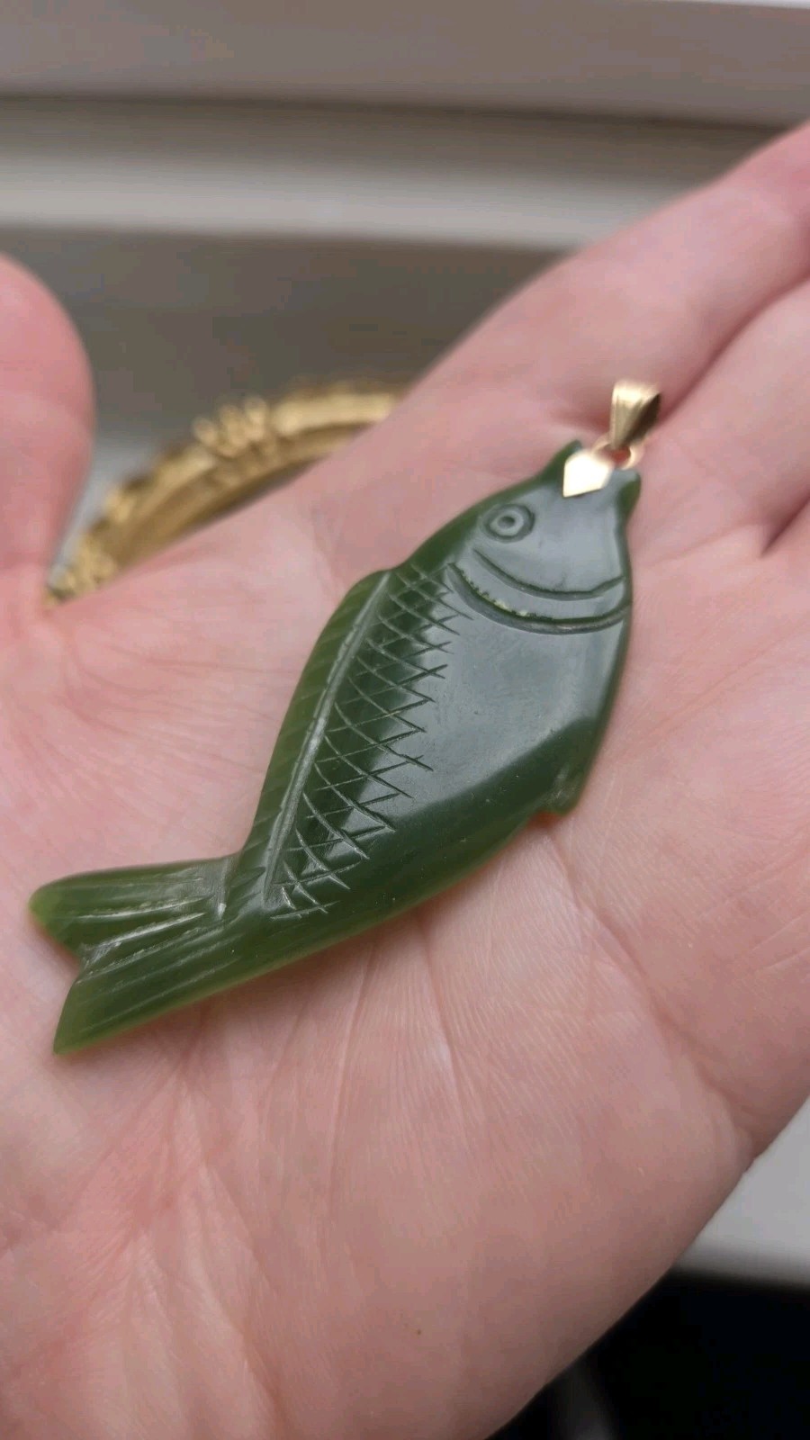 14k Yellow Gold Pendant With A Large Green Jadeite Hand Carved Koi Fish