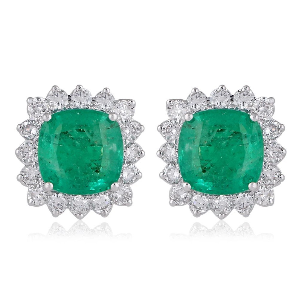 6.90carat Cushion Cut Natural Emerald Diamond Stud Earring 18K White Gold Plated