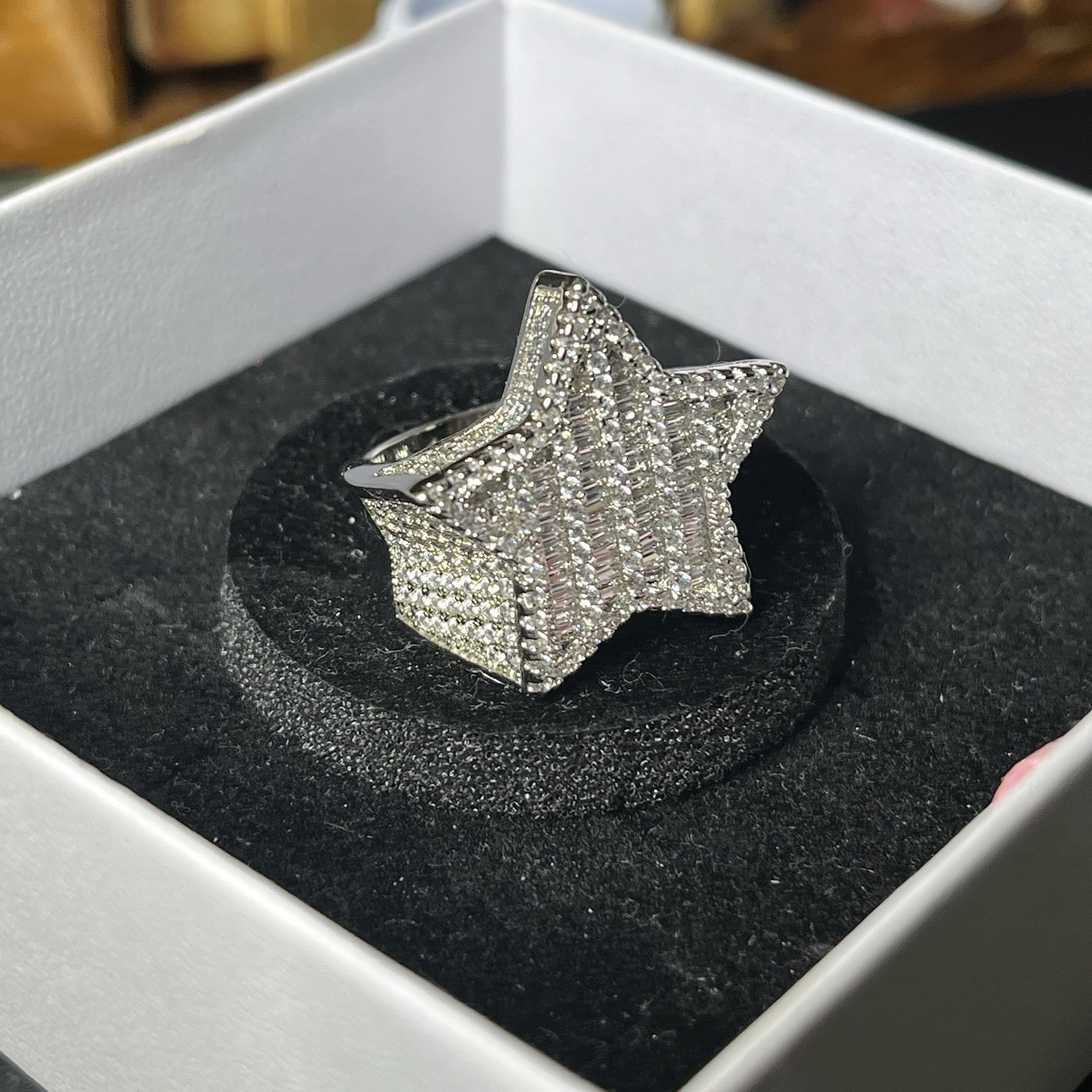 Silver Tone Star Masonite diamonds Baguette Statement Ring Size 7