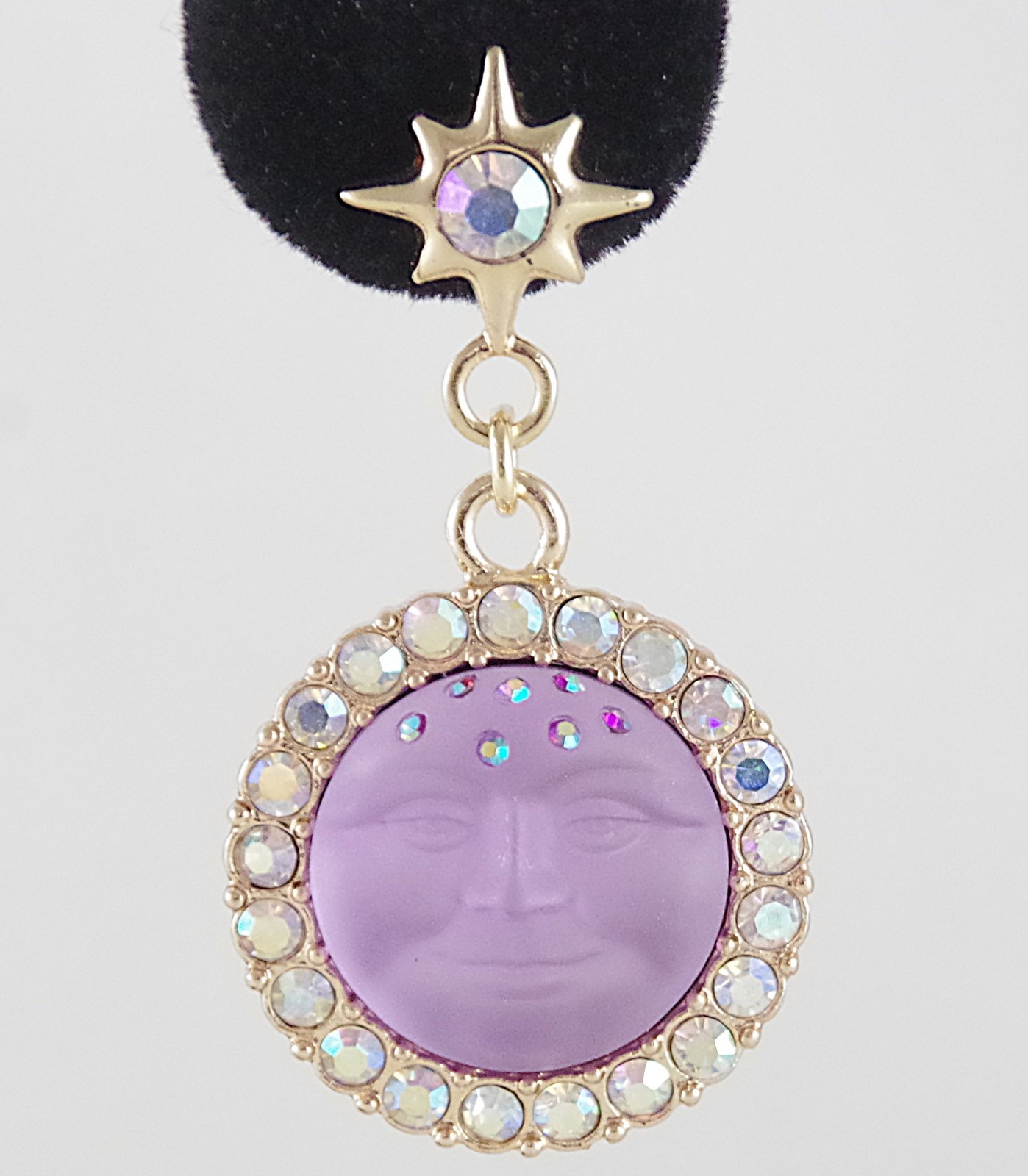 2″ KIRKS FOLLY PURPLE SEAVIEW MOON FACE CRYSTAL RHINESTONE DROP DANGLE EARRINGS