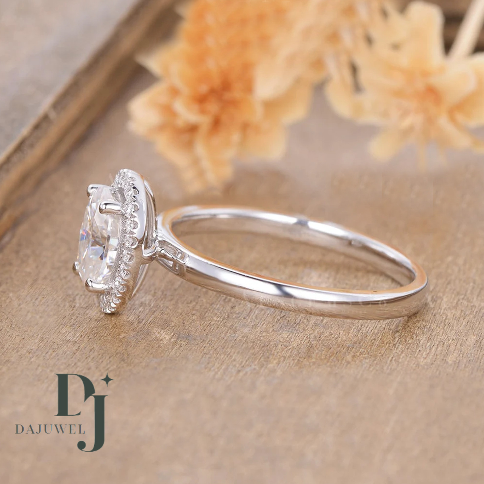 Solid 14K White Gold Moissanite Halo Engagement Ring 2.20 Carat Oval Cut For Her