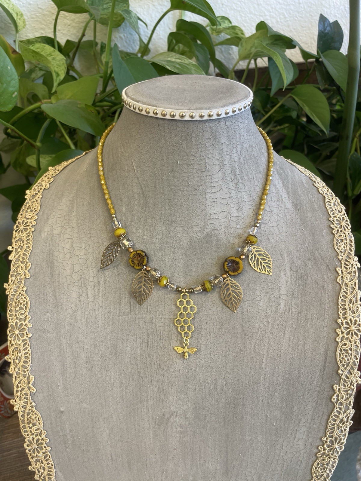 Gold and Yellow Tone Beaded Necklace w/ Leaf Charms & Honeycomb Bee Pendant